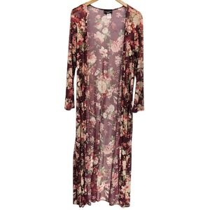 Discreet Mesh Cardigan L  Burgundy Dark Floral Duster Open Front Sheer Boho Chic